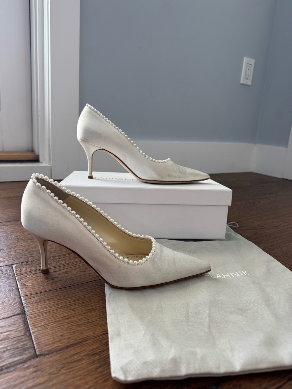 ‘Kifat' 70mm Manolo Blahnik White Satin Pearl Bridal Heels